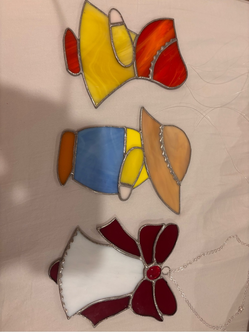Handmade Stained Glass Sunbonnet Girls Ornament Set - Yellow, Blue, Red, White